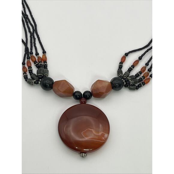Agate Gemstone Disc Pendant Necklace Multi Strand Stone Beads Orange Brown Black - Picture 5 of 16